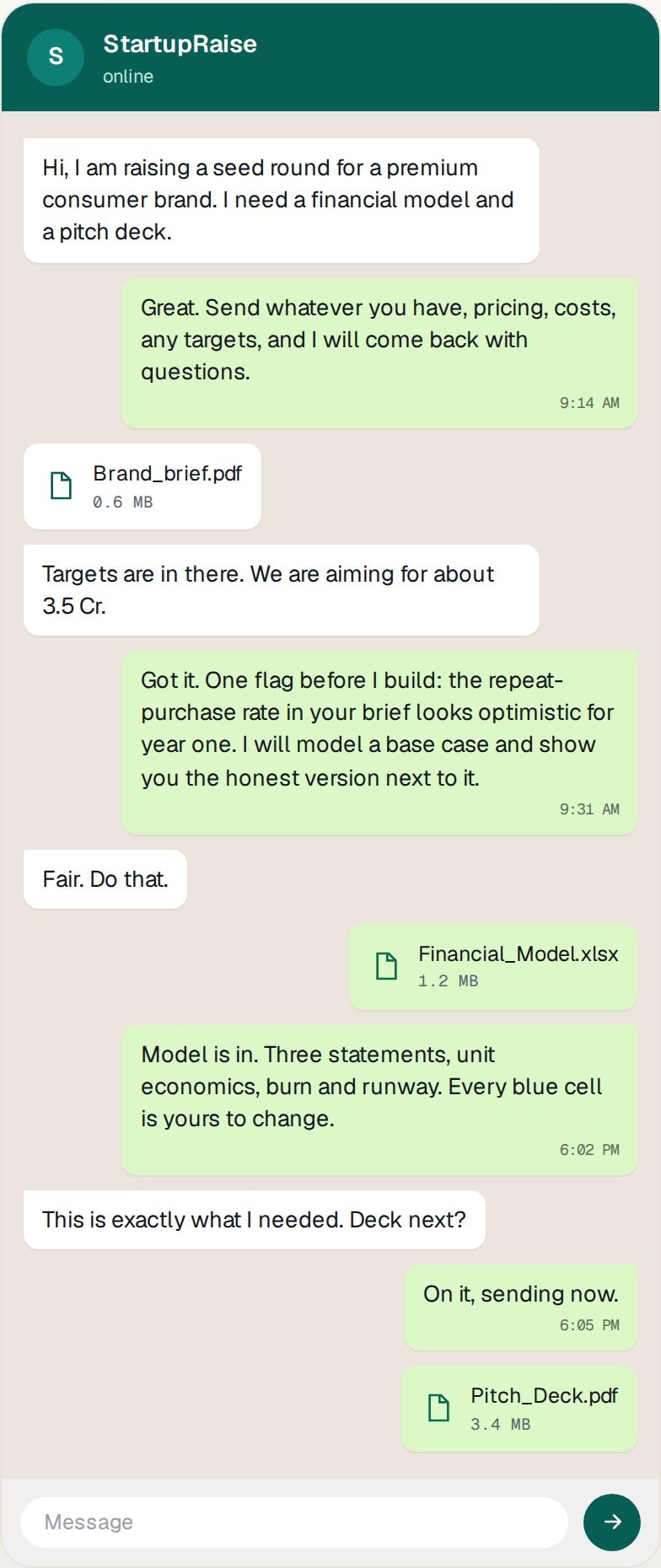 WhatsApp thread between a founder and StartupRaise